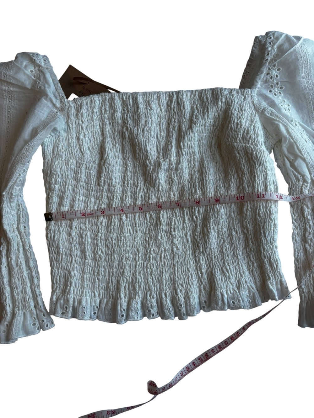 Smocked Square-Neck Eyelet Puff Sleeve Blouse — White - Picture 8 of 11